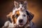 Mixed breed dog and cat friends portrait, Adorable kitten and dog together in studio on a brown background