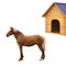 Mixed breed horse standing, old wooden dog house