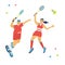 Mixed doubles badminton game red uniform vector illustration..