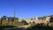 Mixed farming and historic of old church with blue sky background