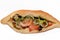 Mixed fried eggplant aubergine and Stuffed Egyptian Falafel in a French Fino bun bread with slices of bell peppers, tomatoes and