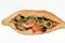 Mixed fried eggplant aubergine and Stuffed Egyptian Falafel in a French Fino bun bread with slices of bell peppers, tomatoes and