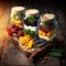 Mixed fruit salad in glass jars on wooden background. Healthy food concept.