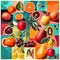 Mixed fruits pear, apple, grapefruit, orange. Retro style food poster collage. Generative AI