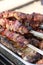 Mixed grilled meat platter. Assorted delicious grilled meat. The closeup of some meat skewers being grilled in a barbecue. grilled