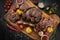 Mixed grilled meat platter on a black background