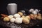 Mixed Homemade Butter Pecan Cookies and coffee mug on wooden base