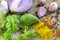 Mixed, Italian cooking ingredients placed on rustic wooden table