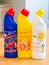 A mixed line of bleach bottles, bleach to help kill bacteria, virus and germs around the home.