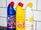 A mixed line of bleach bottles, bleach to help kill bacteria, viruses and germs around the home.