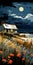 Mixed Media Oil Painting Print: Coastal House With Thatched Roof And Crashing Waves