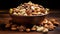 Mixed nuts in a bowl. Almonds, walnuts, cashews, peanuts and others. AI generated