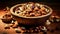 Mixed nuts in a bowl. Almonds, walnuts, cashews, peanuts and others. AI generated