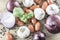 Mixed organic vegetables placed on rustic wooden table.Flat layout image