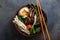 Mixed oriental mushroom stir fry with noodles soup and spring onion