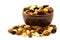 Mixed peanuts and raisins in a brown bowl