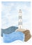 A mixed picture with a tiny cute white and blue ligthouse on a weather-beaten rock in a mid-sea with a huge waves and