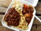 Mixed Plate:  Beef Stew and Spaghetti with french fries and mac salad