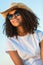 Mixed Race African American Woman Sunglasses Cowboy Hat Sunset