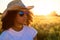 Mixed Race African American Woman Sunglasses Cowboy Hat Sunset