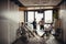 Mixed race business men in open space office interior with a panoramic window