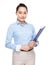 Mixed race indonesian businesswoman with clipboard