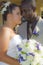 Mixed race wedding couple faces