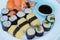 Mixed roll sushi set is delicious, Japanese food.