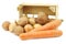 Mixed root vegetables for making `hutspot` in a wooden crate