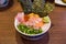 Mixed seafood donburi with minced tuna, urchin and scallop