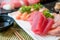 Mixed sliced fish sashimi in white plate. Sashimi Salmon and Tun