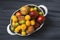 Mixed summer fruit pictures in a basket,White background with a basket of peaches, plums, apples, nectarines, apricot pictures