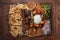 Mixed turkish kebab plate on wooden background