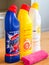 A mixed variety of bleach bottles, bleach to help kill bacteria, virus and germs around the home.