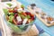 Mixed Vegetable Salads on Blue Wood Background - Mixed Gourmet Food , Mixed Healthy Food - Chicken Salad / Cheese Salad - Green