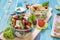 Mixed Vegetable Salads on Blue Wood Background - Mixed Gourmet Food , Mixed Healthy Food - Chicken Salad / Cheese Salad - Green