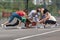 Mixed young team playing basketball on a playground