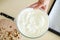 Mixing bowl with whipped meringue and devices for baking