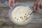 Mixing raw dough in bowl. Baking cake, muffin or homemade pastry