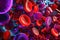 A mixture of red and purple blood cells seen floating in a liquid, A colossal poster-like visual of blood cells in a Pop Art style