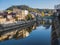 Miyagawa River of the old public town Takayama , Japan autumn in the evening