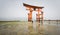 Miyajima, Floating Torii gate in Japan with blurred tourists.