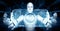 MLB AI humanoid robot holding virtual hologram screen showing concept of AI brain