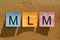 MLM - Multi Level Marketing acronym, from colorful paper notes on wall