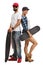 MMale and female skater posing with longboard and skateboard