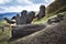 Moai heads and laying moai in Rano Raruku mountain