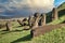 Moai Statues of Easter Island Buried on a Hillside