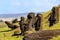 Moai statues in the Rano Raraku Volcano in Easter Island, Rapa Nui National Park, Chile