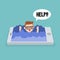 Mobile addiction concept. young nerd drowning in the water / editable flat vector illustration