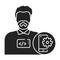 Mobile app developer black glyph icon. The software engineer is engaged in testing and programming applications. Icon for web page